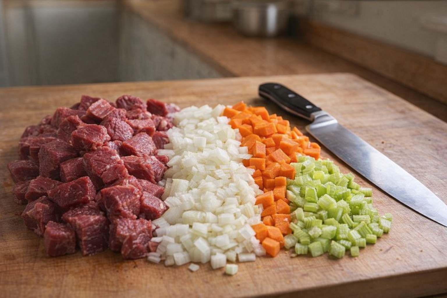 A close-up shot of diced beef chuck, chopped onions, carrots, and celery arranged on a wooden cutting board, with a chef's knife resting beside them